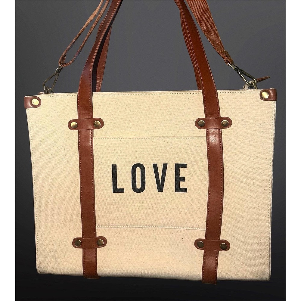 Antik Kraft LOVE Canvas Tote Bag Cream Brown Crossbody and Top Handle Large